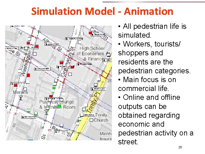 Simulation Model - Animation • All pedestrian life is simulated. • Workers, tourists/ shoppers