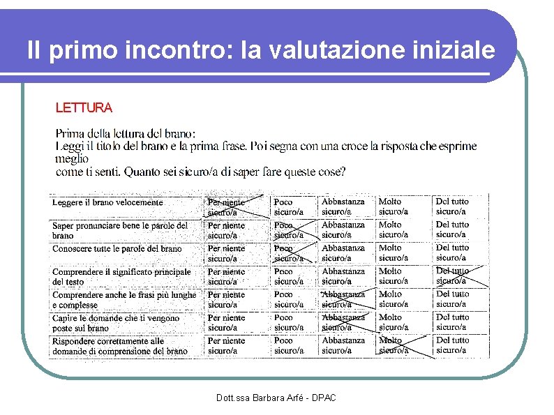 Il primo incontro: la valutazione iniziale Dott. ssa Barbara Arfé - DPAC 
