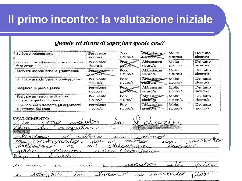 Il primo incontro: la valutazione iniziale Quanto sei sicura di saper fare queste cose?