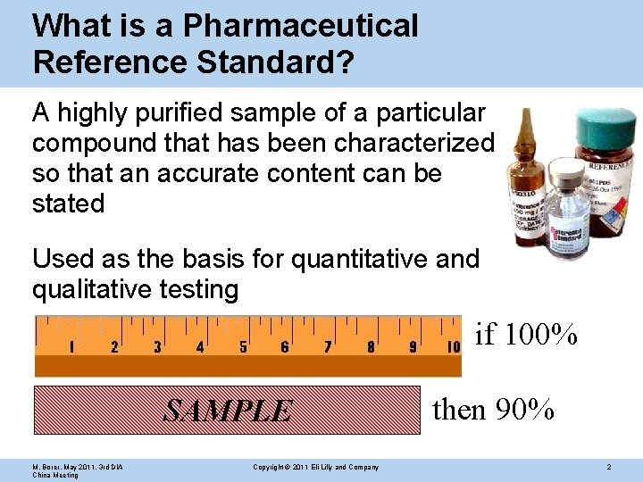 What is a Pharmaceutical Reference Standard? A highly purified sample of a particular compound
