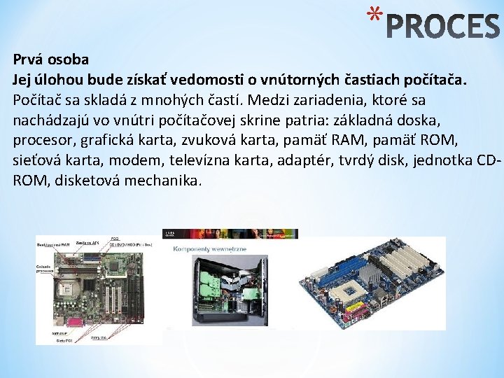 * Prvá osoba Jej úlohou bude získať vedomosti o vnútorných častiach počítača. Počítač sa