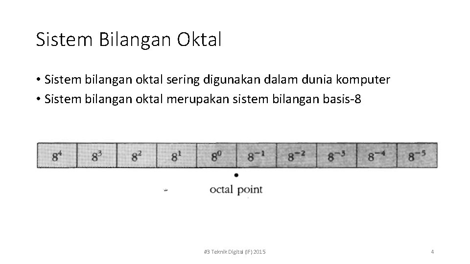 Sistem Bilangan Oktal • Sistem bilangan oktal sering digunakan dalam dunia komputer • Sistem