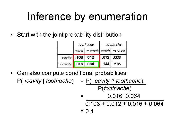 Inference by enumeration • Start with the joint probability distribution: • Can also compute Inference by enumeration • Start with the joint probability distribution: • Can also compute
