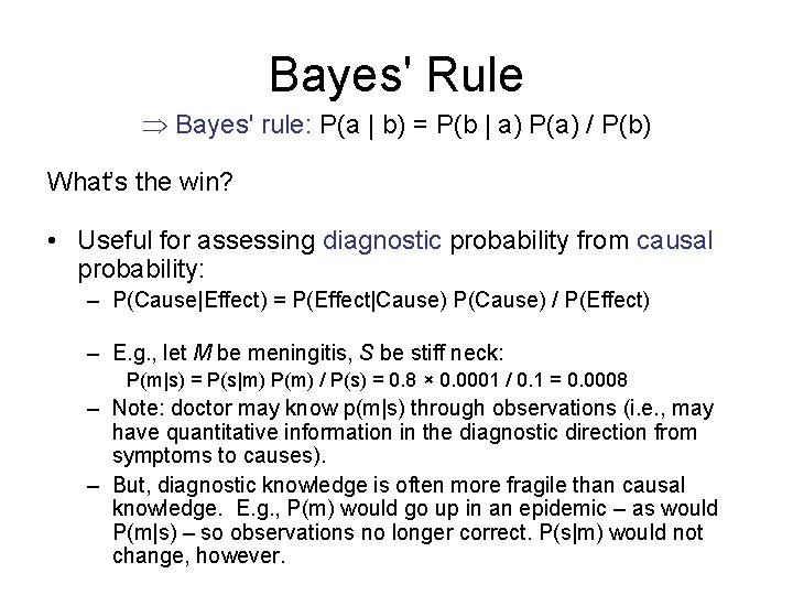 Bayes' Rule Bayes' rule: P(a | b) = P(b | a) P(a) / P(b) Bayes' Rule Bayes' rule: P(a | b) = P(b | a) P(a) / P(b)