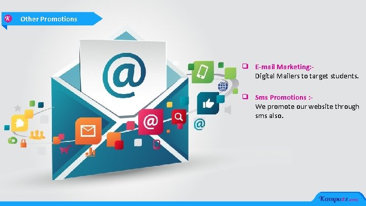 Other Promotions ❑ E-mail Marketing: Digital Mailers to target students. ❑ Sms Promotions :