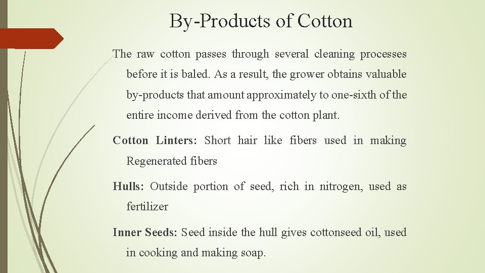 By-Products of Cotton The raw cotton passes through several cleaning processes before it is
