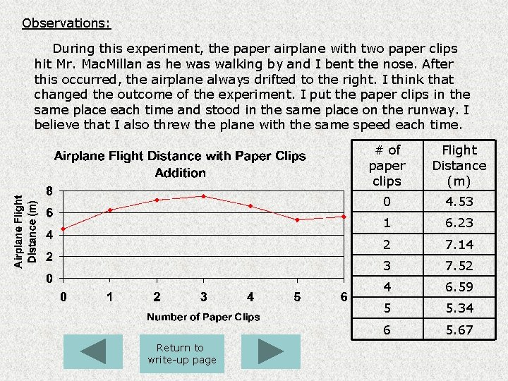 Observations: During this experiment, the paper airplane with two paper clips hit Mr. Mac.