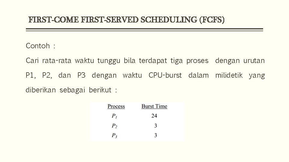 FIRST-COME FIRST-SERVED SCHEDULING (FCFS) Contoh : Cari rata-rata waktu tunggu bila terdapat tiga proses