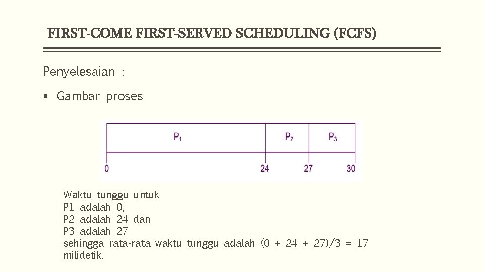 FIRST-COME FIRST-SERVED SCHEDULING (FCFS) Penyelesaian : § Gambar proses Waktu tunggu untuk P 1