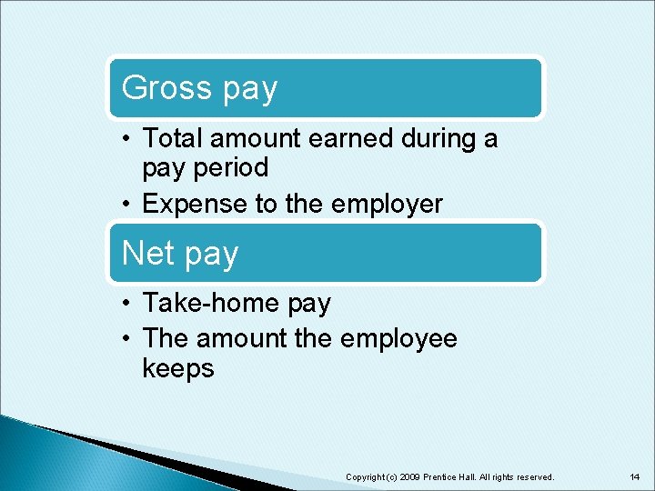 Gross pay • Total amount earned during a pay period • Expense to the
