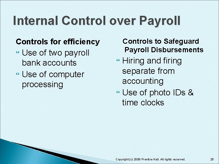 Internal Control over Payroll Controls to Safeguard Payroll Disbursements Controls for efficiency Use of