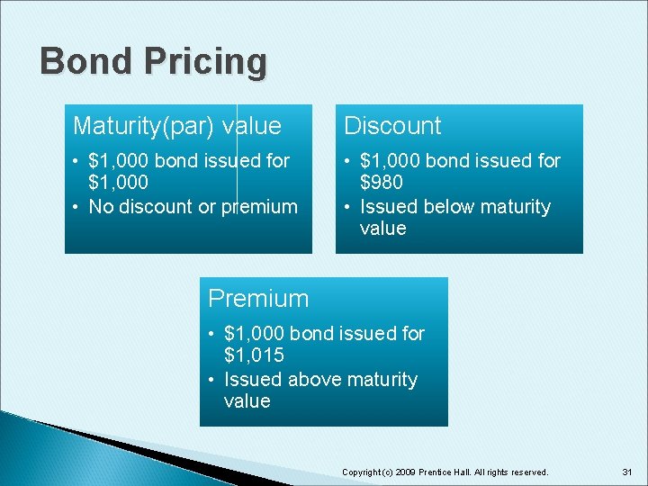 Bond Pricing Maturity(par) value Discount • $1, 000 bond issued for $1, 000 •