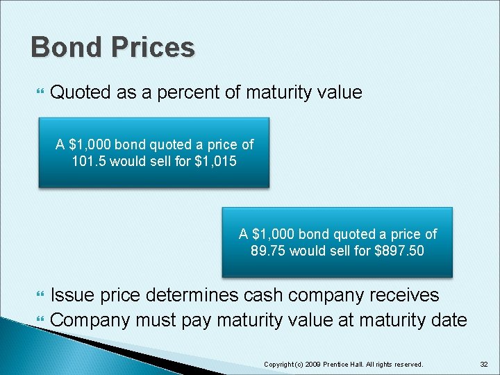 Bond Prices Quoted as a percent of maturity value A $1, 000 bond quoted