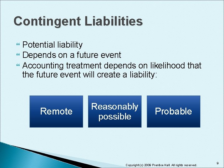 Contingent Liabilities Potential liability Depends on a future event Accounting treatment depends on likelihood