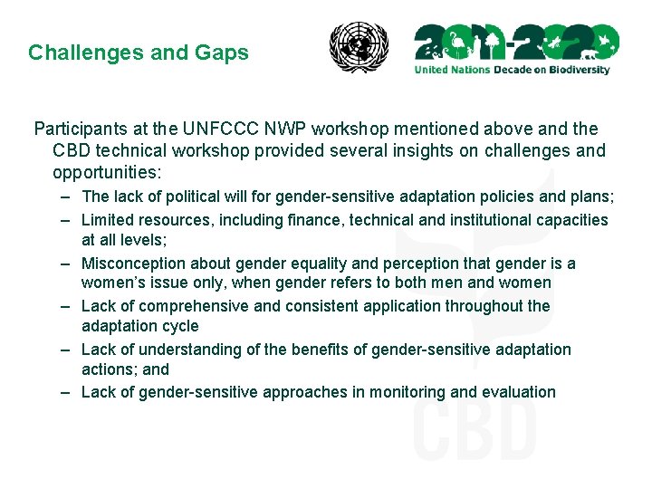 Challenges and Gaps Participants at the UNFCCC NWP workshop mentioned above and the CBD