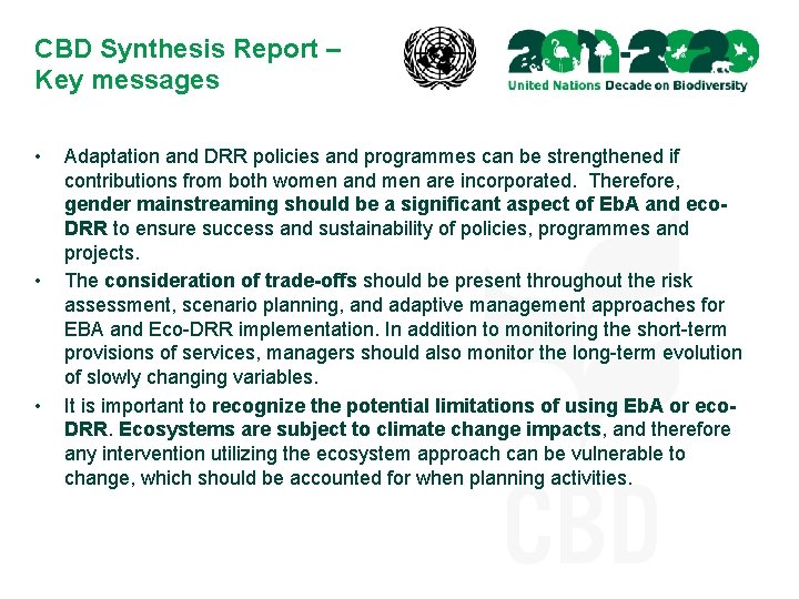 CBD Synthesis Report – Key messages • • • Adaptation and DRR policies and