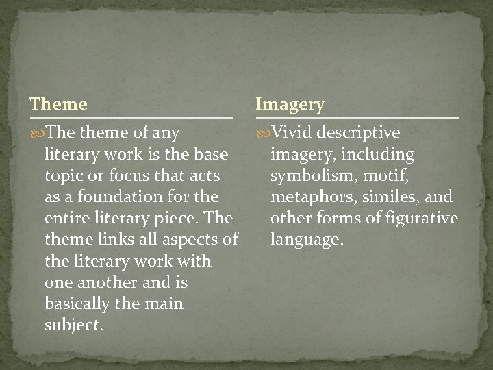 Theme Imagery The theme of any Vivid descriptive literary work is the base topic