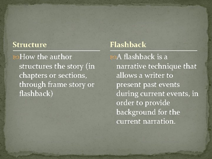 Structure Flashback How the author A flashback is a structures the story (in chapters