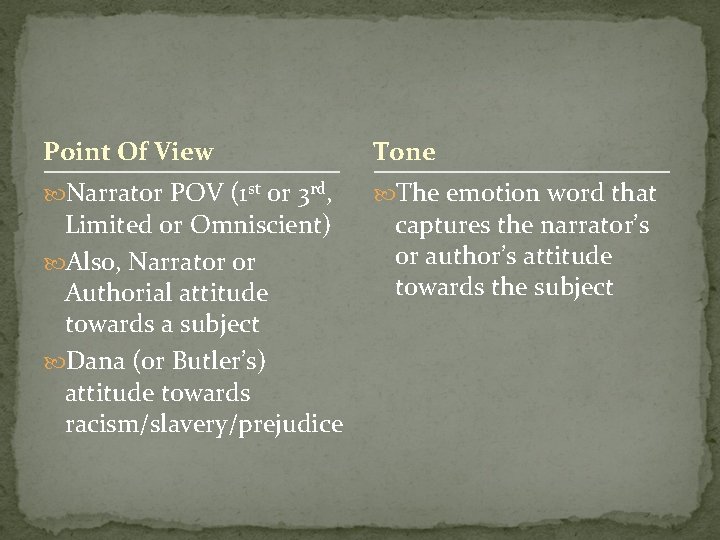 Point Of View Tone Narrator POV (1 st or 3 rd, The emotion word