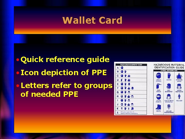 Wallet Card • Quick reference guide • Icon depiction of PPE • Letters refer