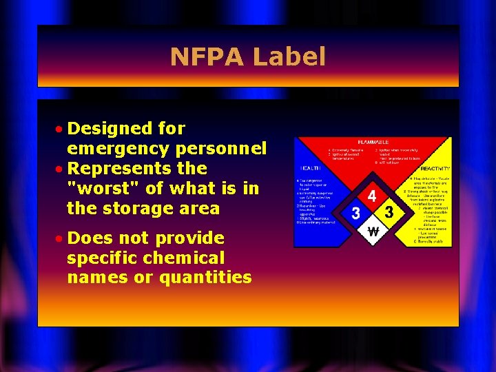 NFPA Label • Designed for emergency personnel • Represents the "worst" of what is