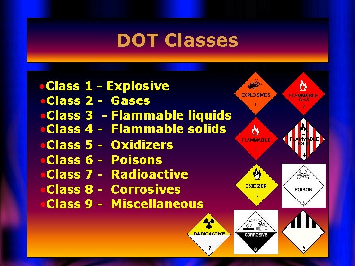 DOT Classes • Class 1 - Explosive • Class 2 - Gases • Class