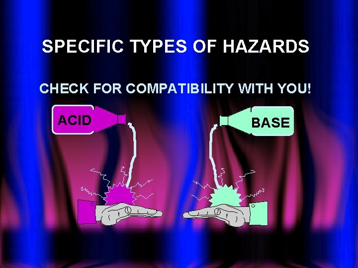 SPECIFIC TYPES OF HAZARDS CHECK FOR COMPATIBILITY WITH YOU! ACID BASE 