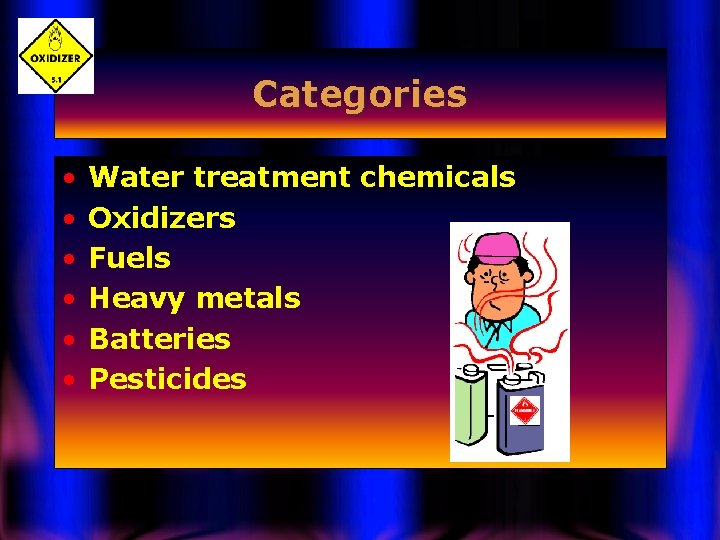 Categories • • • Water treatment chemicals Oxidizers Fuels Heavy metals Batteries Pesticides 