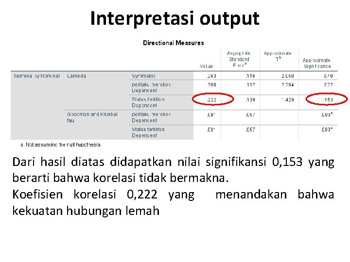 Interpretasi output Dari hasil diatas didapatkan nilai signifikansi 0, 153 yang berarti bahwa korelasi
