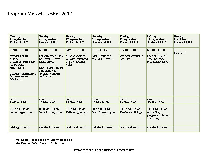 Program Metochi Lesbos 2017 Mandag 25. september Frokost kl. 8 -9 Tirsdag 26. september