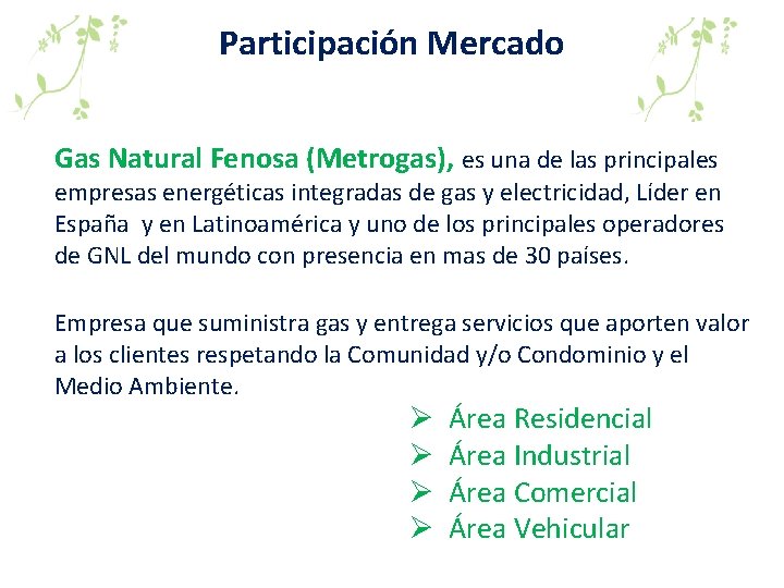 Participación Mercado Gas Natural Fenosa (Metrogas), es una de las principales empresas energéticas integradas