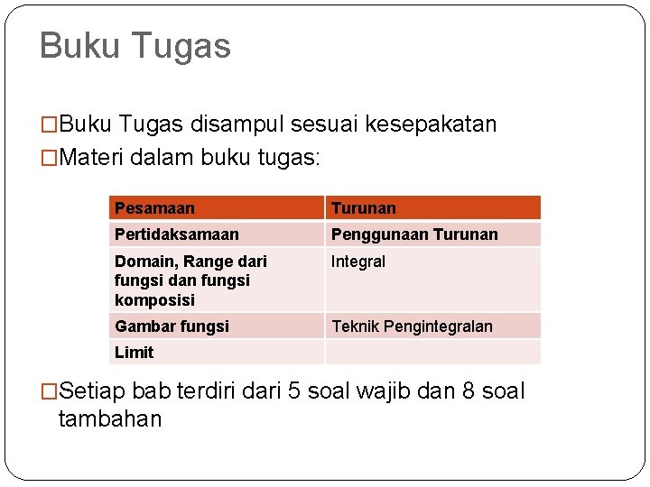 Buku Tugas �Buku Tugas disampul sesuai kesepakatan �Materi dalam buku tugas: Pesamaan Turunan Pertidaksamaan