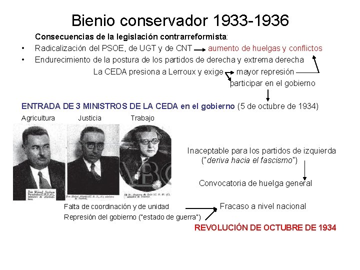 Bienio conservador 1933 -1936 • • Consecuencias de la legislación contrarreformista: Radicalización del PSOE,