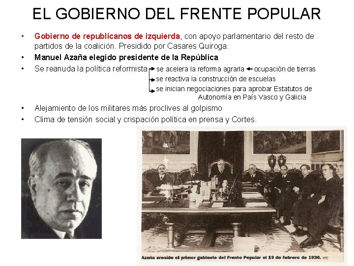 EL GOBIERNO DEL FRENTE POPULAR • • • Gobierno de republicanos de izquierda, con