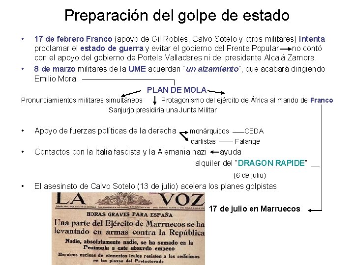 Preparación del golpe de estado • • 17 de febrero Franco (apoyo de Gil