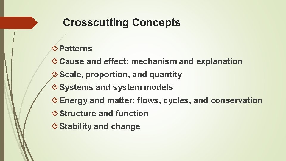 Crosscutting Concepts Patterns Cause and effect: mechanism and explanation Scale, proportion, and quantity Systems