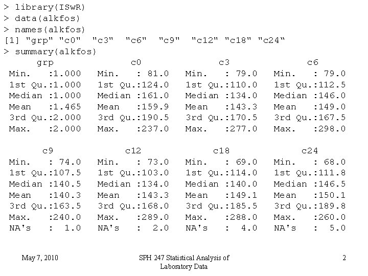 > library(ISw. R) > data(alkfos) > names(alkfos) [1] "grp" "c 0" "c 3" "c