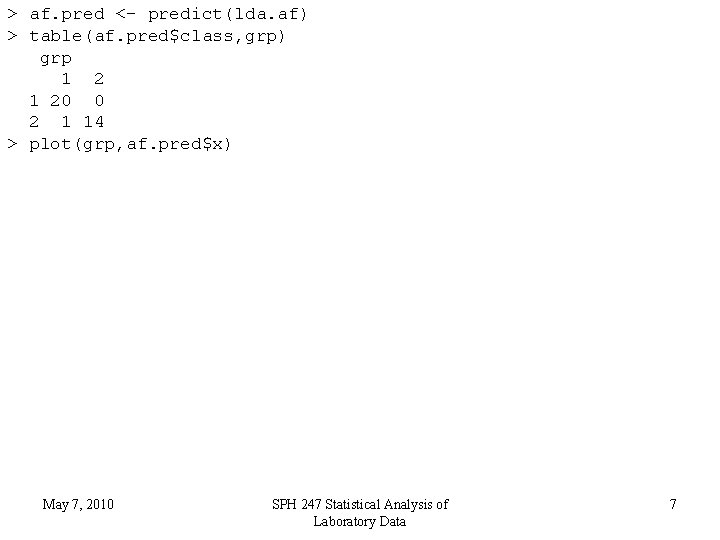 > af. pred <- predict(lda. af) > table(af. pred$class, grp) grp 1 20 0