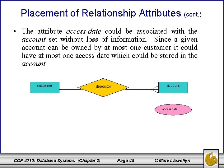 Placement of Relationship Attributes (cont. ) • The attribute access-date could be associated with