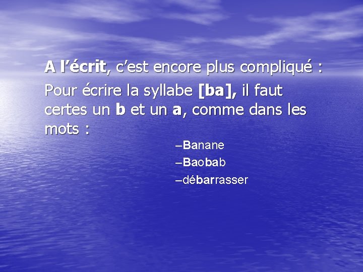 A l’écrit, c’est encore plus compliqué : Pour écrire la syllabe [ba], il faut