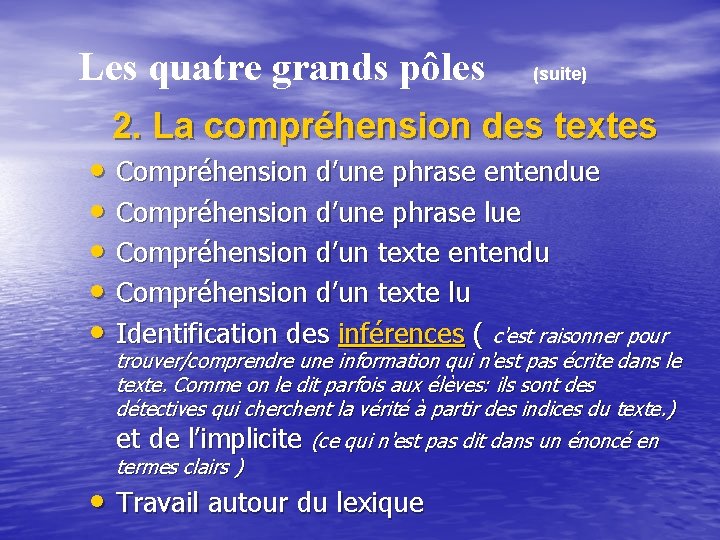 Les quatre grands pôles (suite) 2. La compréhension des textes • Compréhension d’une phrase