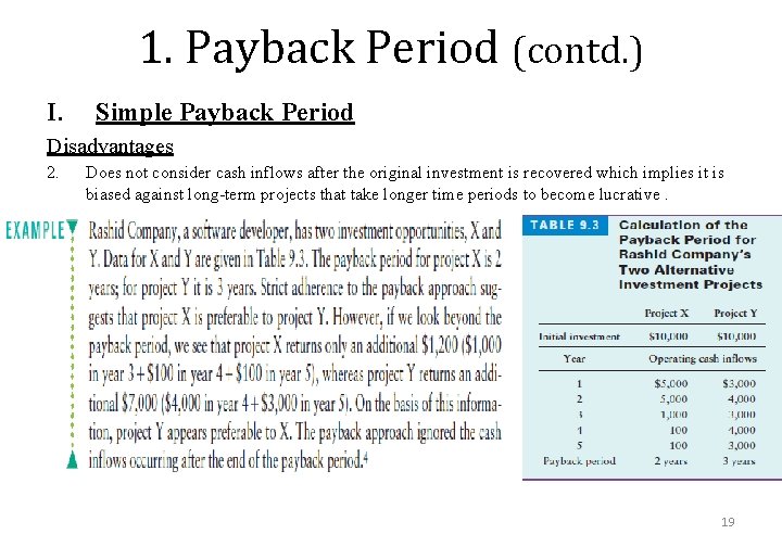 1. Payback Period (contd. ) I. Simple Payback Period Disadvantages 2. Does not consider