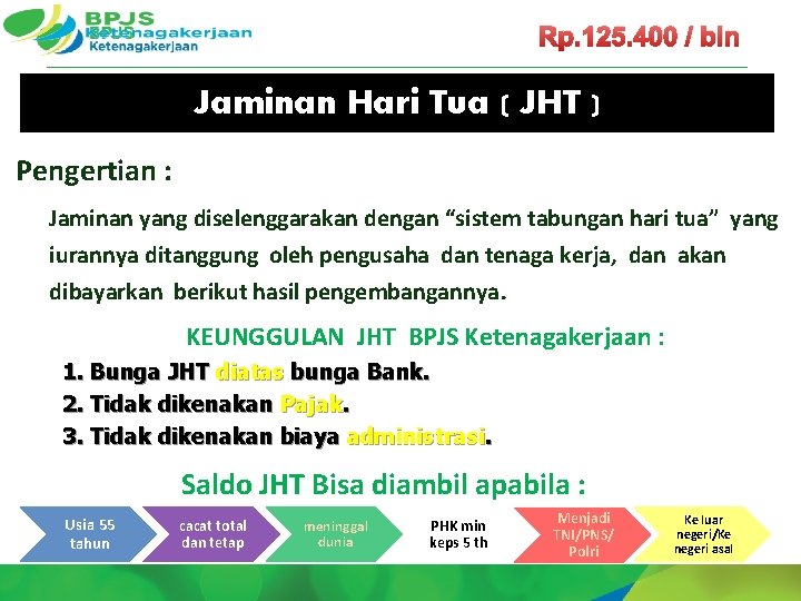 Rp. 125. 400 / bln Jaminan Hari Tua ( JHT ) Pengertian : Jaminan