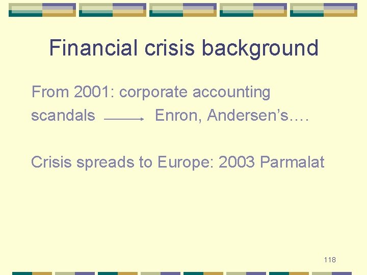 Financial crisis background From 2001: corporate accounting scandals Enron, Andersen’s…. Crisis spreads to Europe: