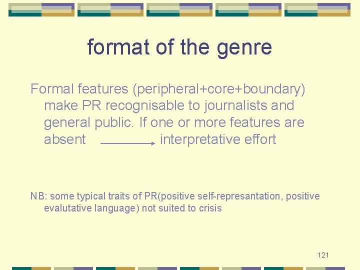 format of the genre Formal features (peripheral+core+boundary) make PR recognisable to journalists and general