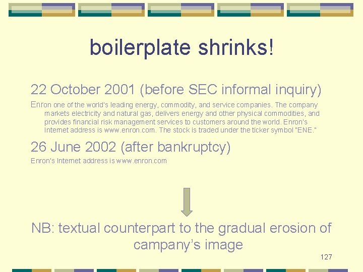 boilerplate shrinks! 22 October 2001 (before SEC informal inquiry) Enron one of the world’s