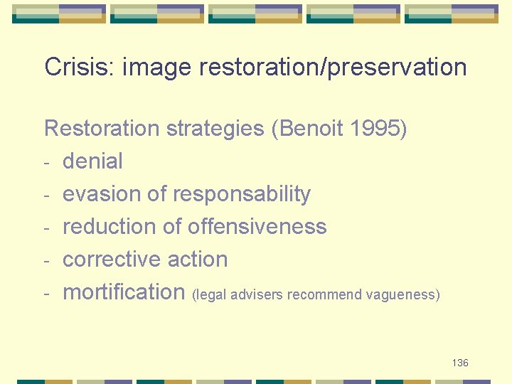 Crisis: image restoration/preservation Restoration strategies (Benoit 1995) - denial - evasion of responsability -