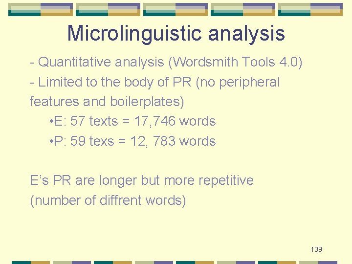 Microlinguistic analysis - Quantitative analysis (Wordsmith Tools 4. 0) - Limited to the body