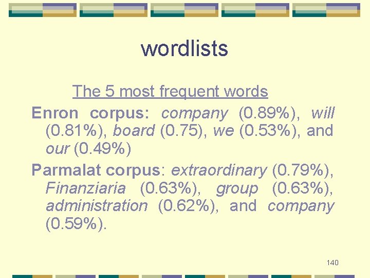 wordlists The 5 most frequent words Enron corpus: company (0. 89%), will (0. 81%),