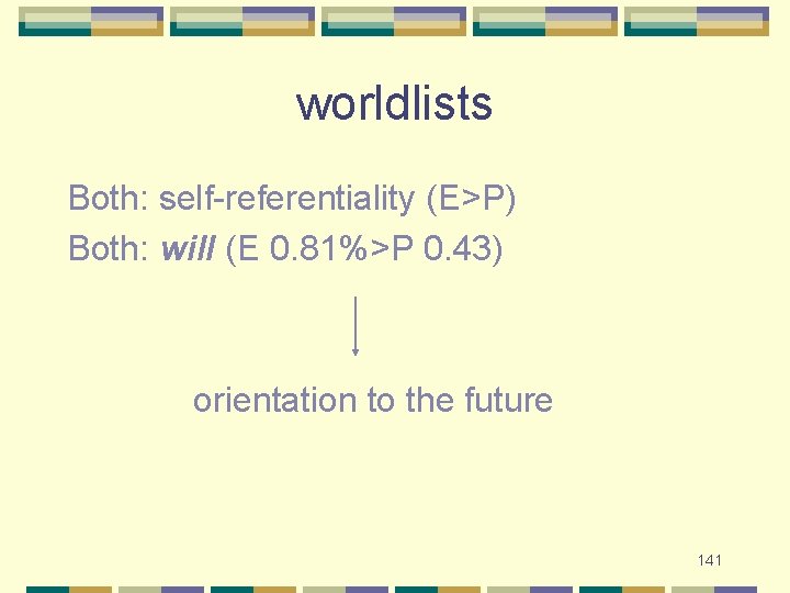 worldlists Both: self-referentiality (E>P) Both: will (E 0. 81%>P 0. 43) orientation to the